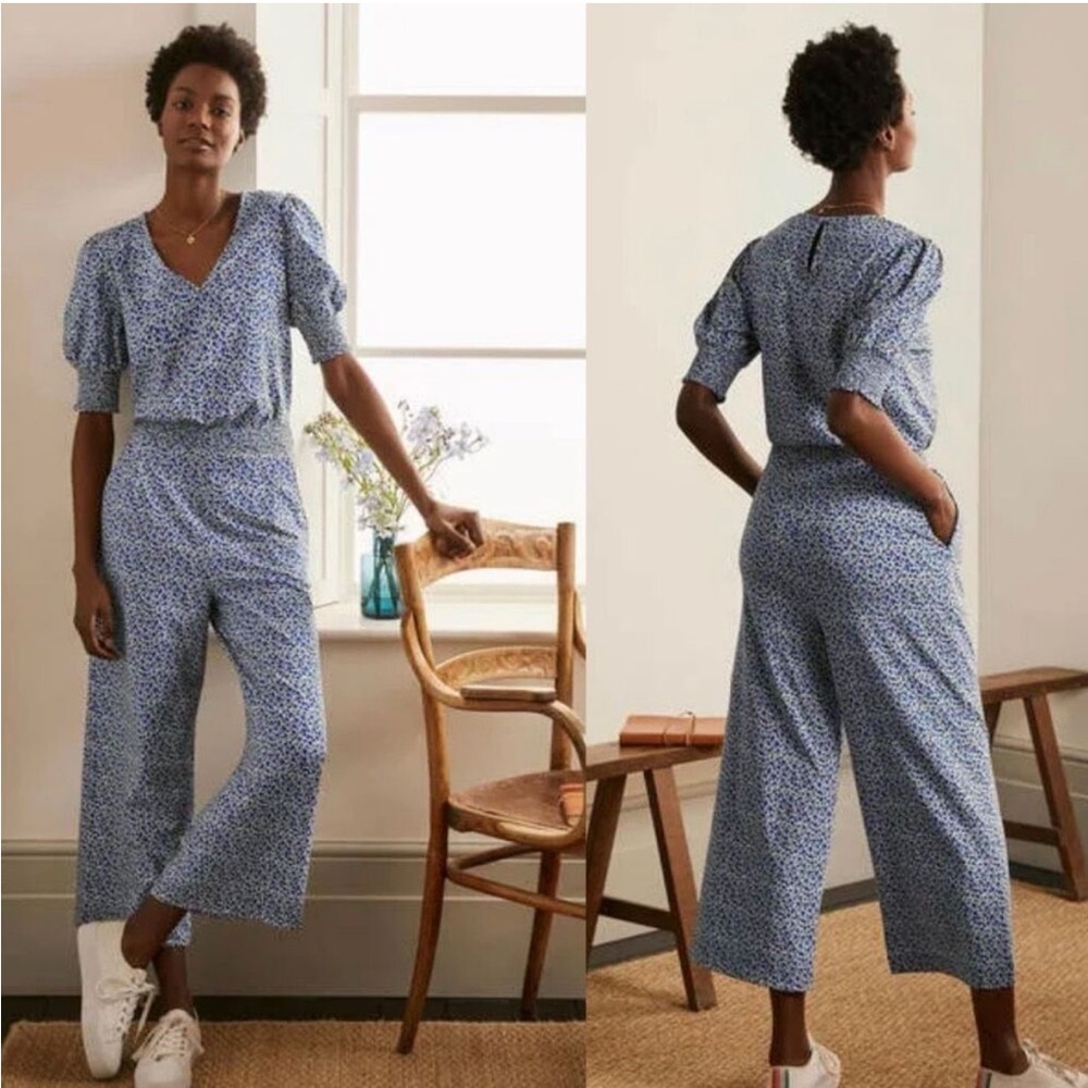 Boden Estella Jersey Jumpsuit in Ivory Meadow Spot Blue Wide Leg Szie 12 Tall